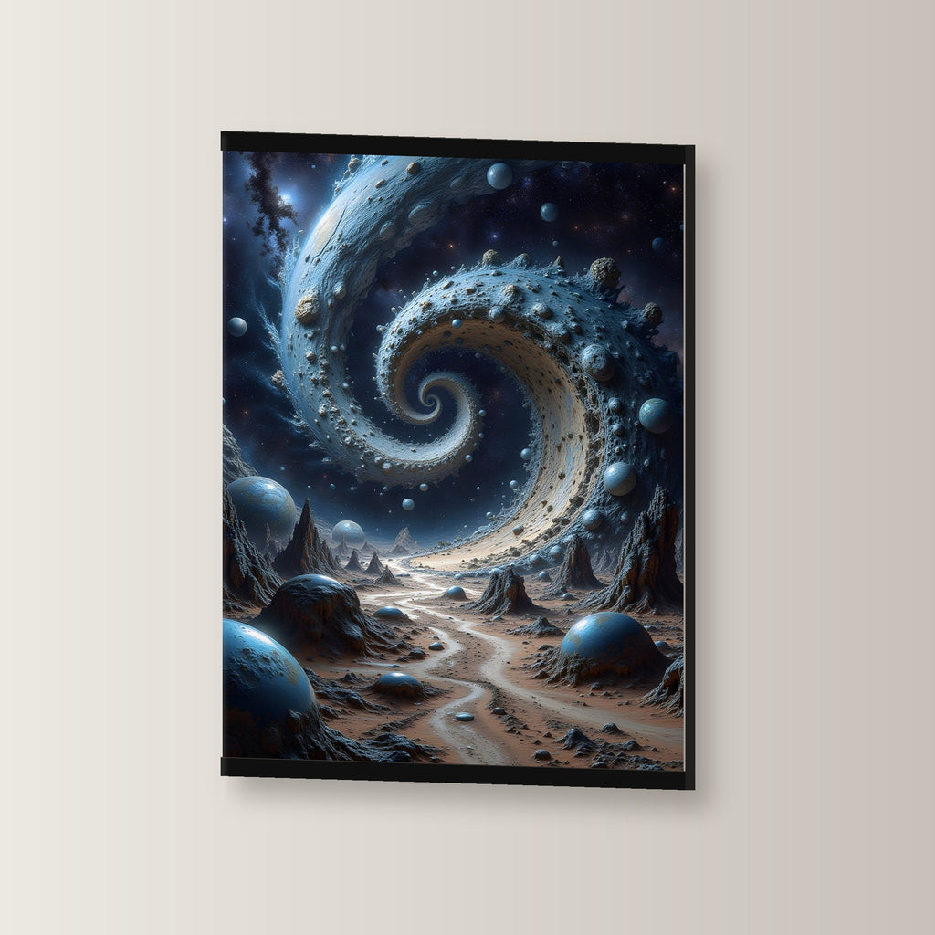 Der Sternenstrudel als Poster mit schwarzer Holzleiste, leicht gedreht an der Wand fotografiert
