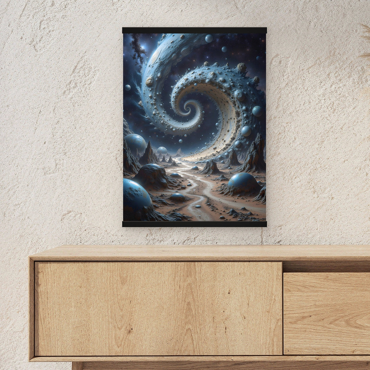 Der Sternenstrudel als Poster mit schwarzer Holzleiste ueber einem Sideboard, zeigt die Groesse im Raum