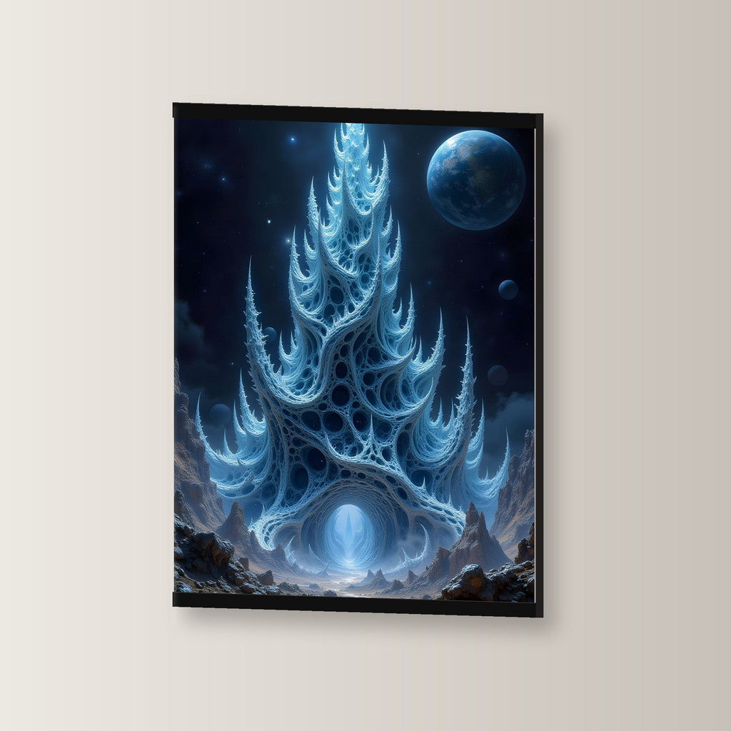 Der Scherbenturm als Poster mit schwarzer Holzleiste, leicht gedreht an der Wand fotografiert
