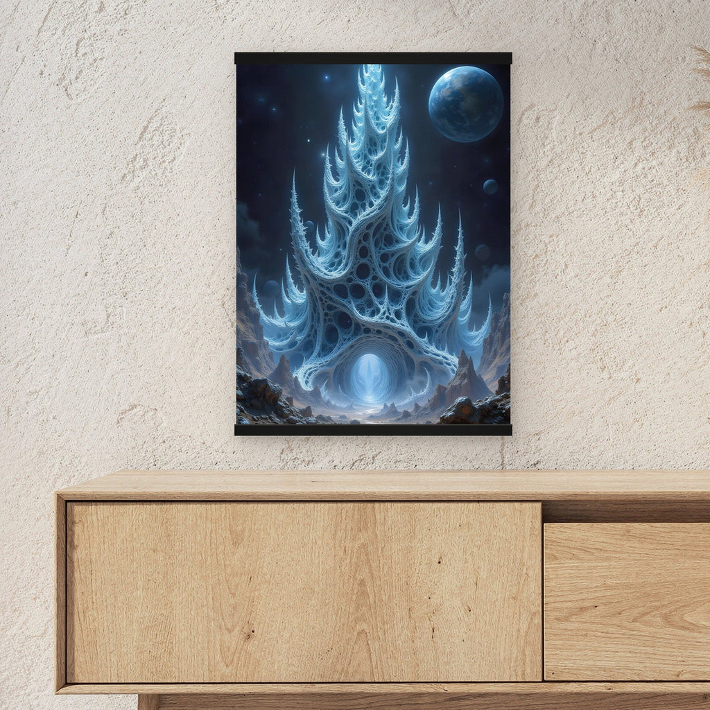 Der Scherbenturm als Poster mit schwarzer Holzleiste ueber einem Sideboard, zeigt die Groesse im Raum