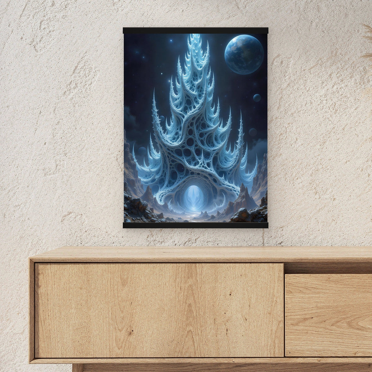 Der Scherbenturm als Poster mit schwarzer Holzleiste ueber einem Sideboard, zeigt die Groesse im Raum