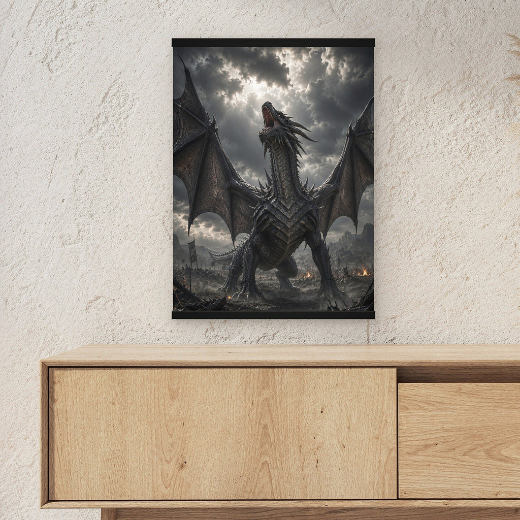 Der Sturmschrei als Poster mit schwarzer Holzleiste ueber einem Sideboard, zeigt die Groesse im Raum