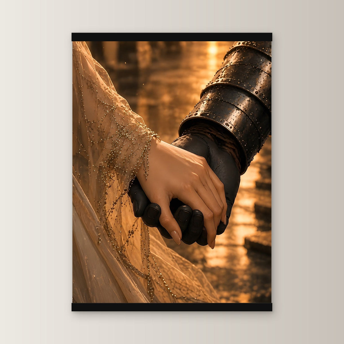 Das stille Versprechen als Poster mit schwarzer Holzleiste, gerade von vorn an heller Wand