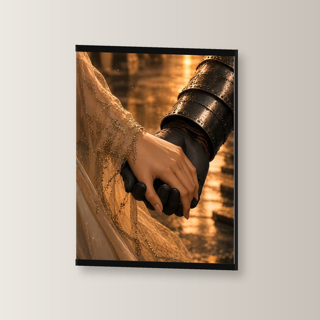 Das stille Versprechen als Poster mit schwarzer Holzleiste, leicht gedreht an der Wand fotografiert