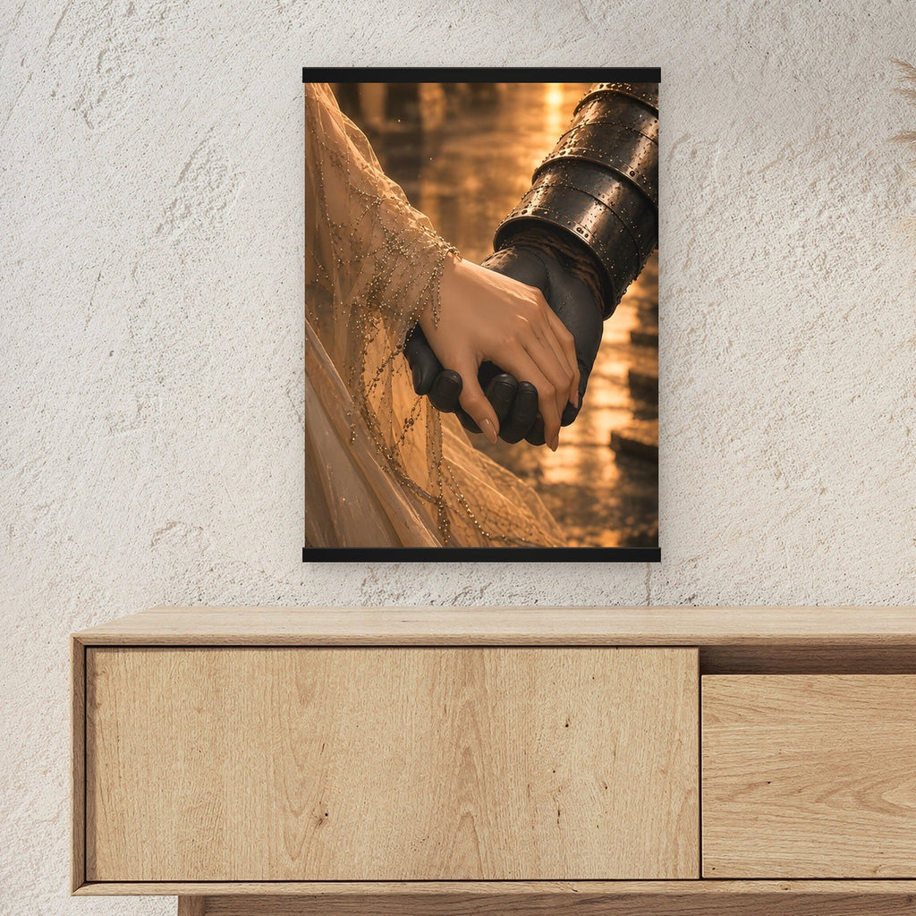 Das stille Versprechen als Poster mit schwarzer Holzleiste ueber einem Sideboard, zeigt die Groesse im Raum