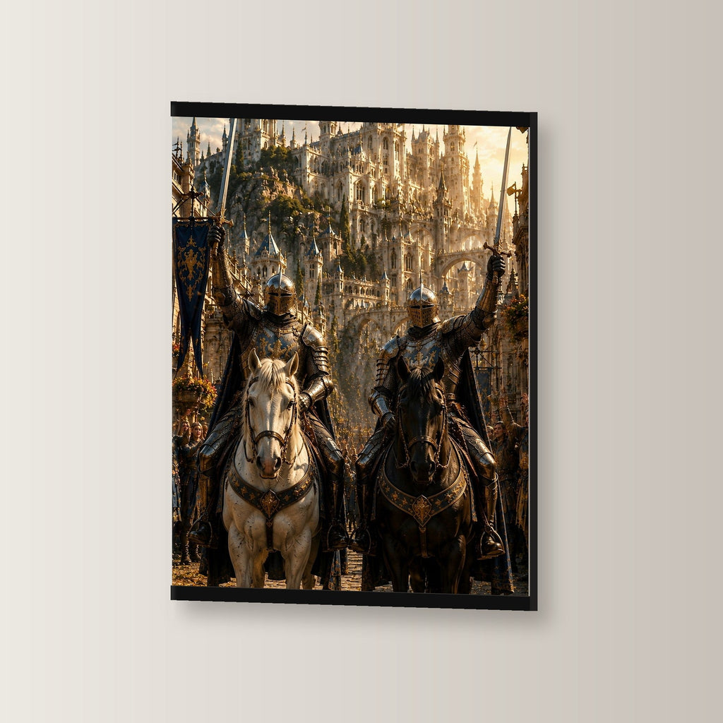 Die Schwertbrüder als Poster mit schwarzer Holzleiste, leicht gedreht an der Wand fotografiert