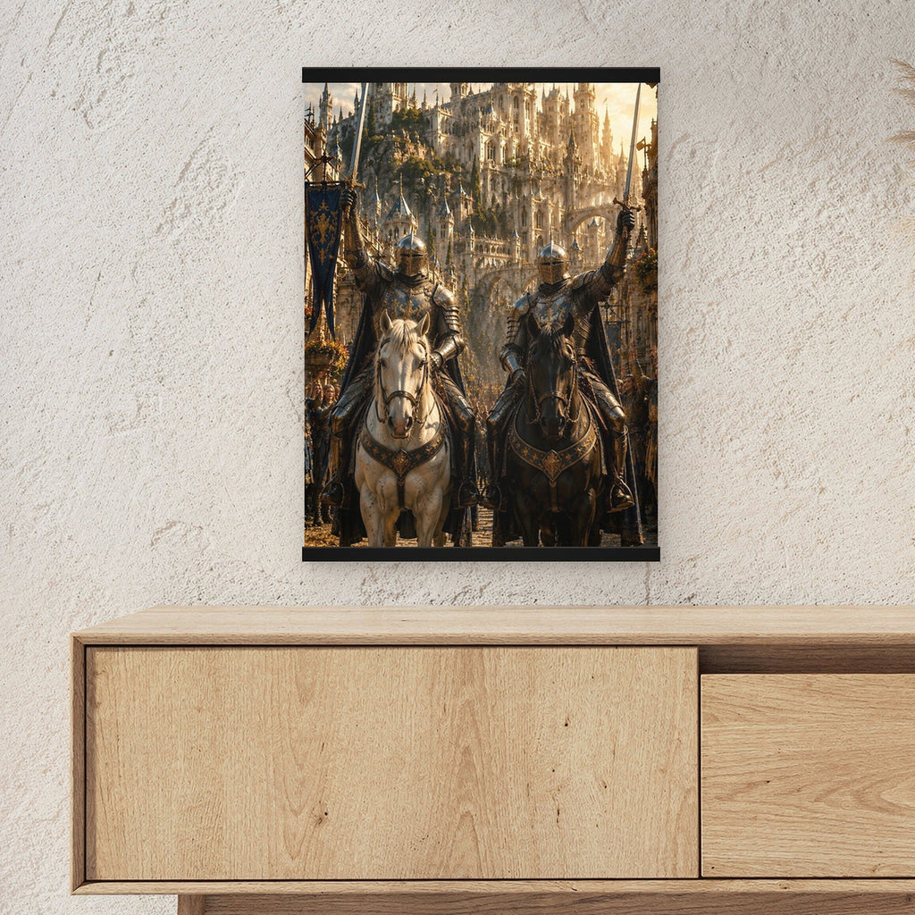 Die Schwertbrüder als Poster mit schwarzer Holzleiste ueber einem Sideboard, zeigt die Groesse im Raum
