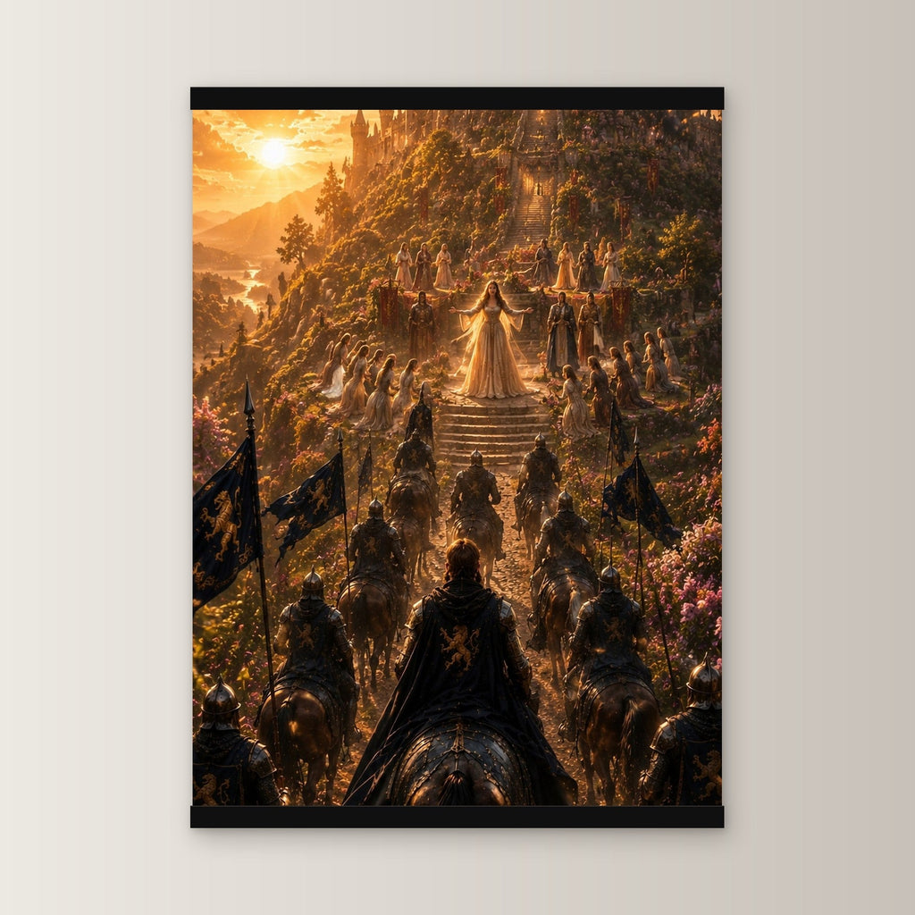 Der Siegeszug als Poster mit schwarzer Holzleiste, gerade von vorn an heller Wand