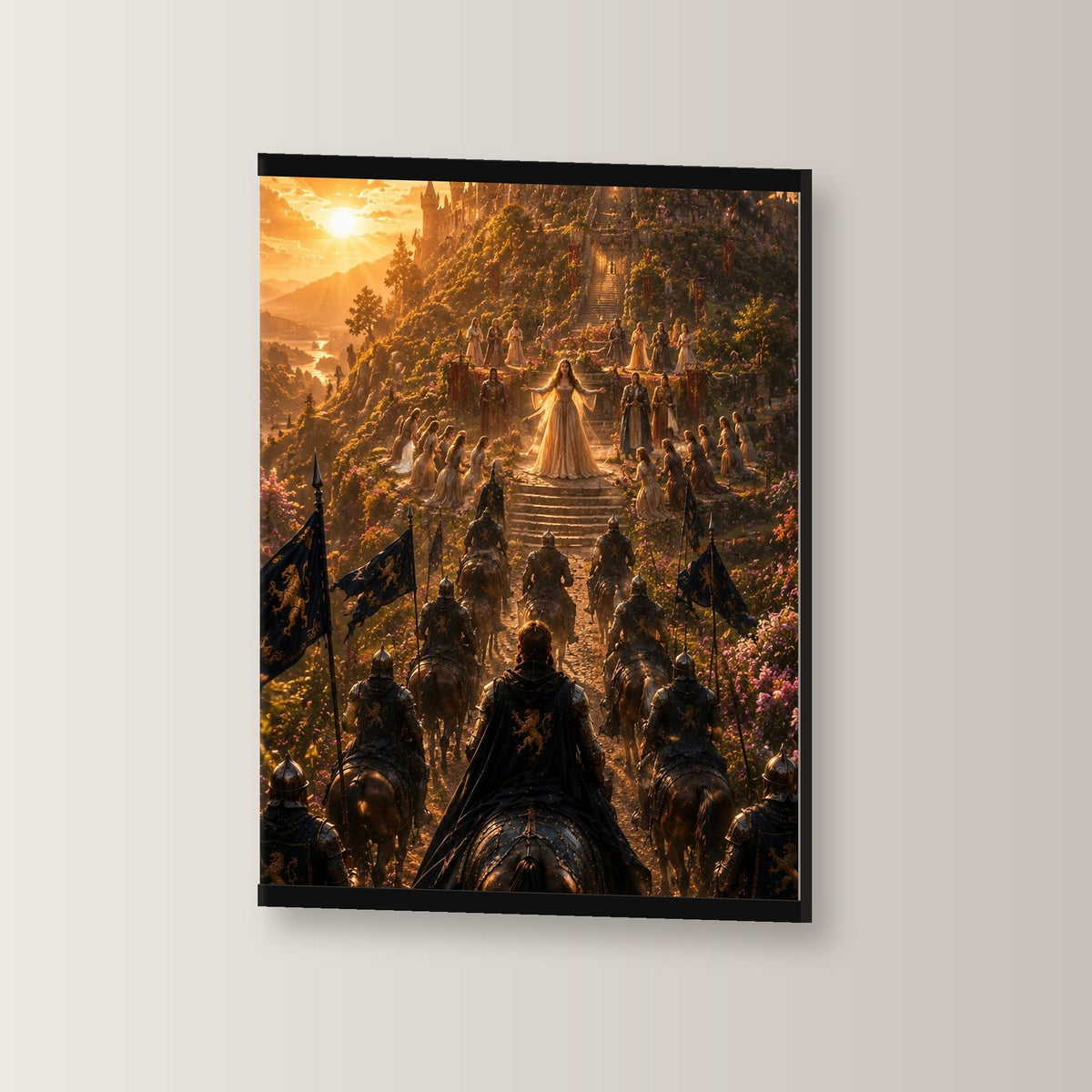 Der Siegeszug als Poster mit schwarzer Holzleiste, leicht gedreht an der Wand fotografiert