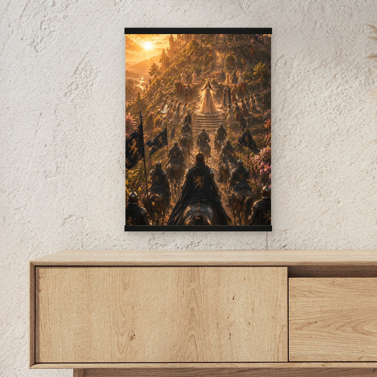 Der Siegeszug als Poster mit schwarzer Holzleiste ueber einem Sideboard, zeigt die Groesse im Raum