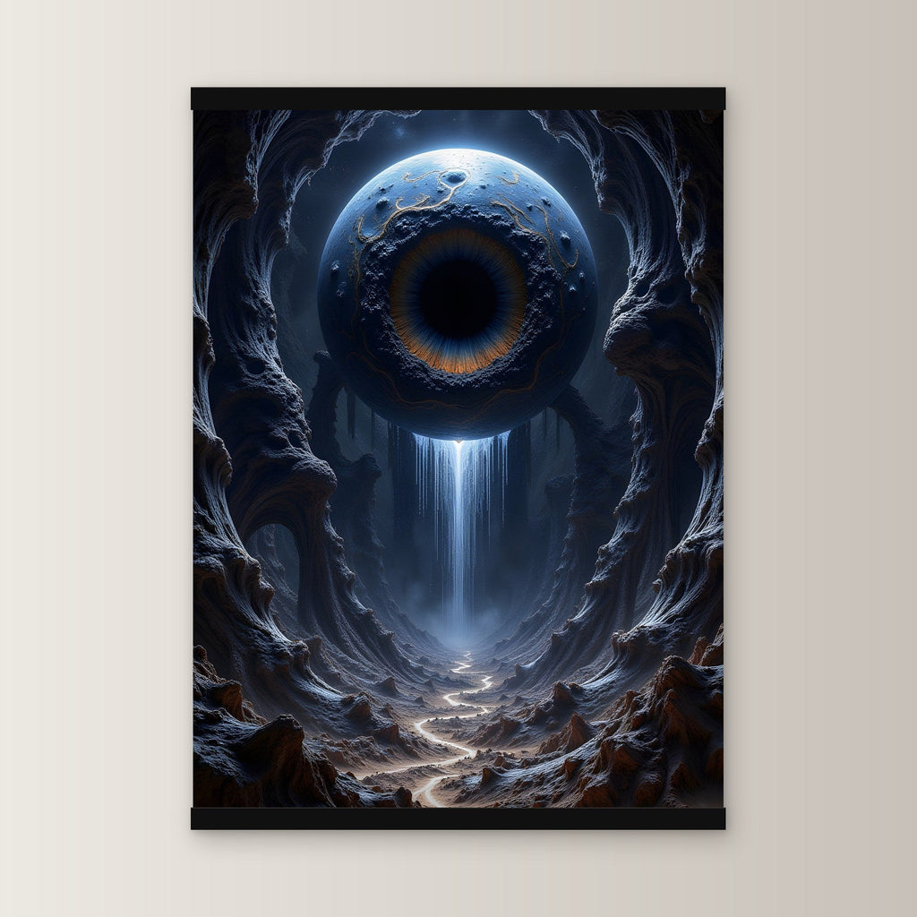 Das Tränenauge als Poster mit schwarzer Holzleiste, gerade von vorn an heller Wand