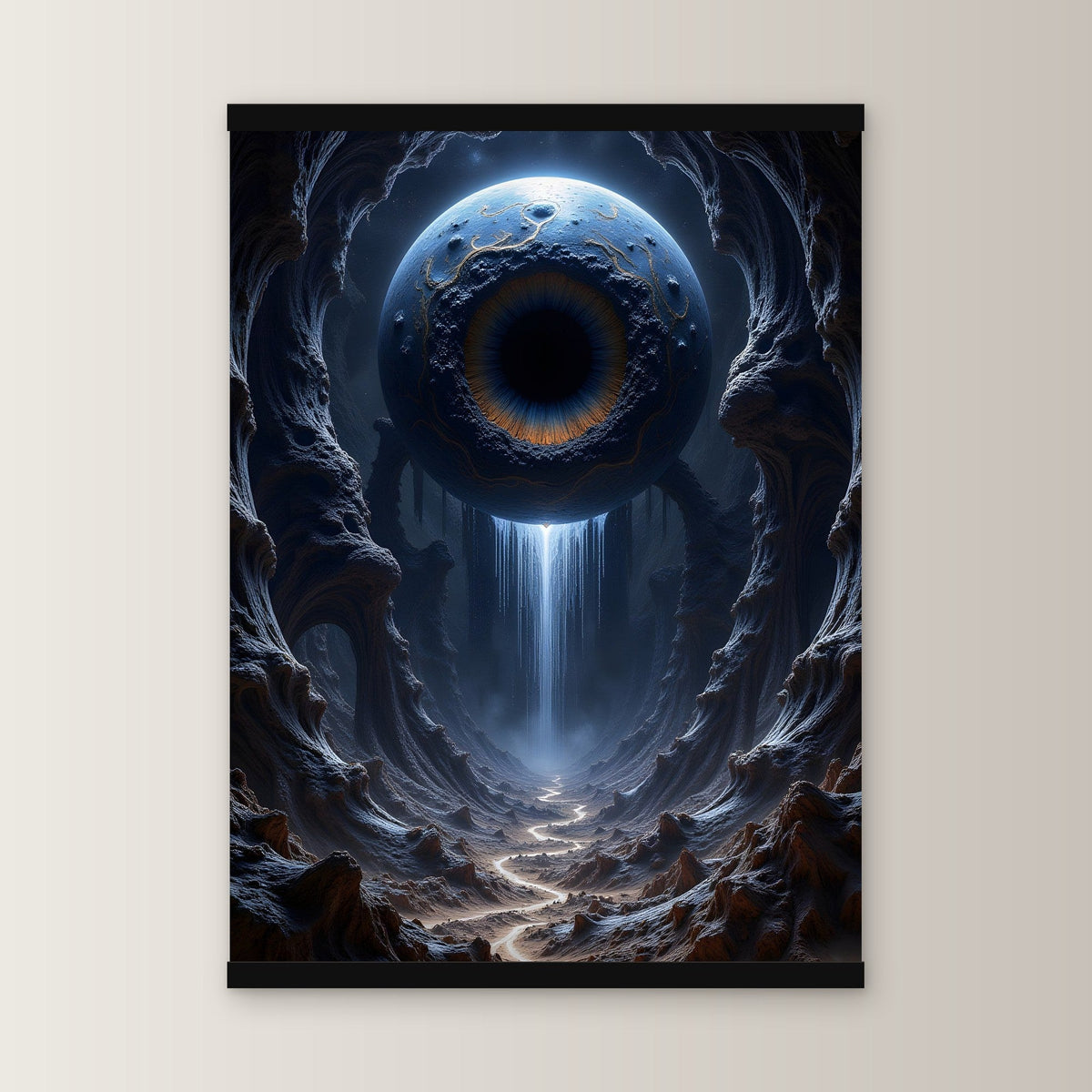 Das Tränenauge als Poster mit schwarzer Holzleiste, gerade von vorn an heller Wand