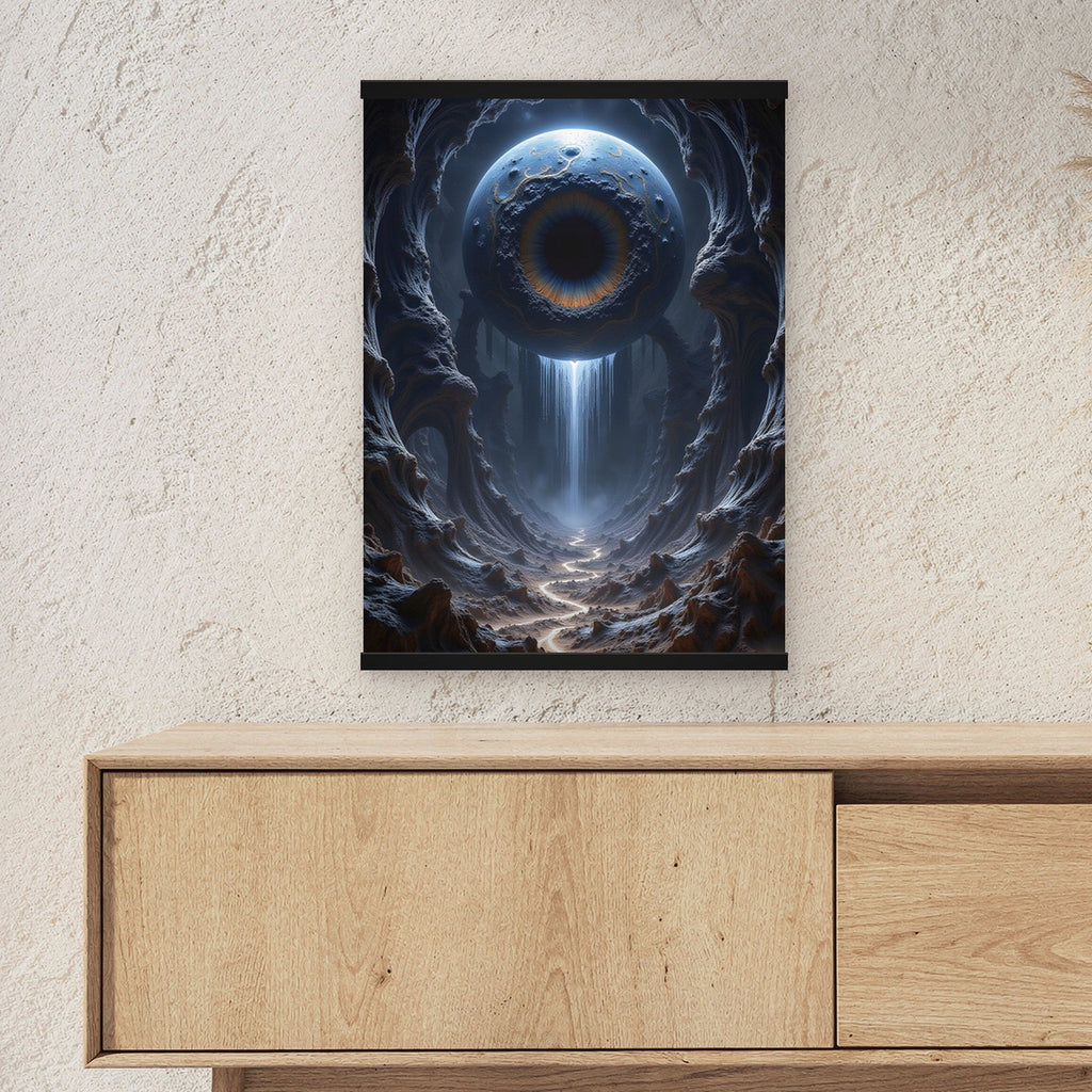 Das Tränenauge als Poster mit schwarzer Holzleiste ueber einem Sideboard, zeigt die Groesse im Raum