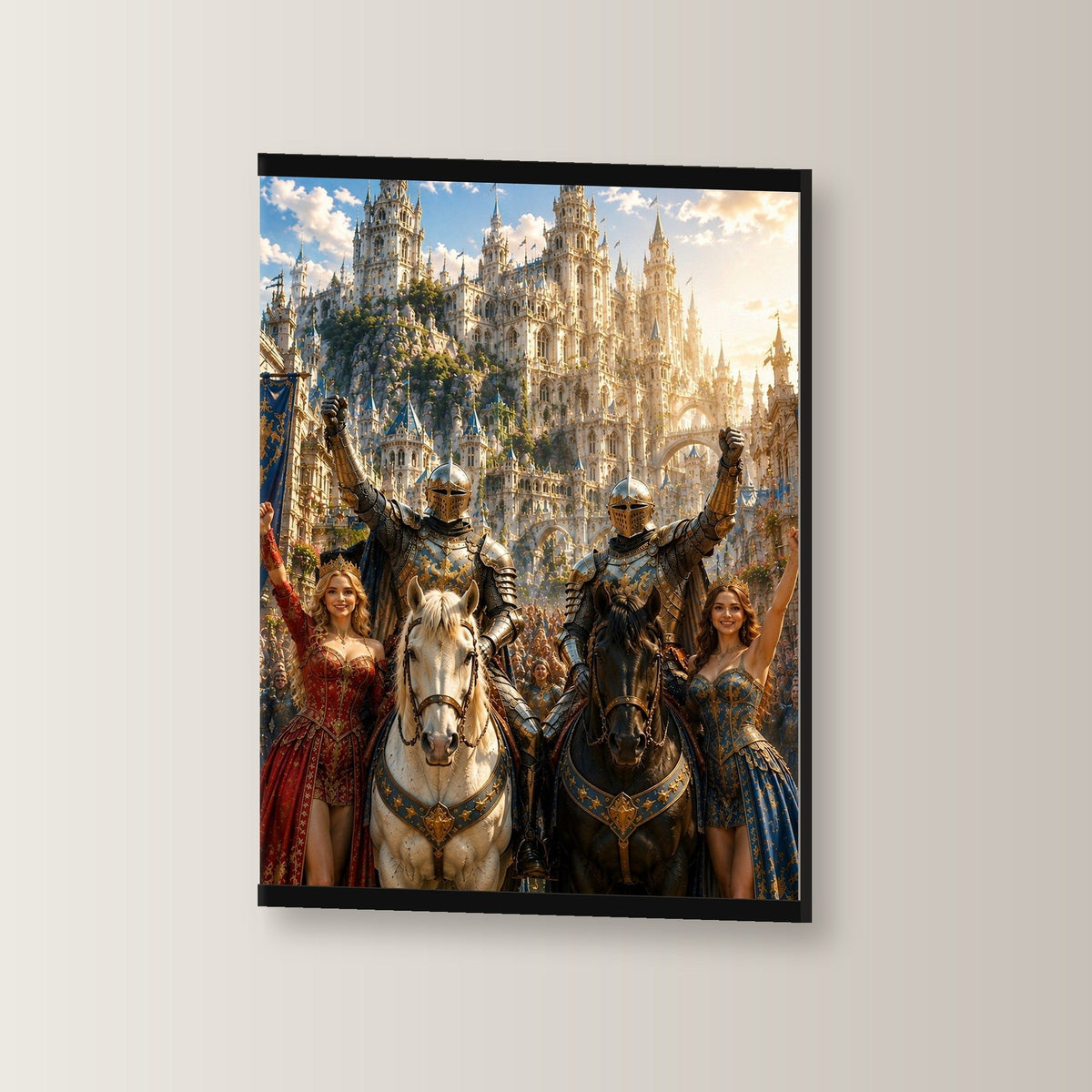 Der Tag des Sieges als Poster mit schwarzer Holzleiste, leicht gedreht an der Wand fotografiert