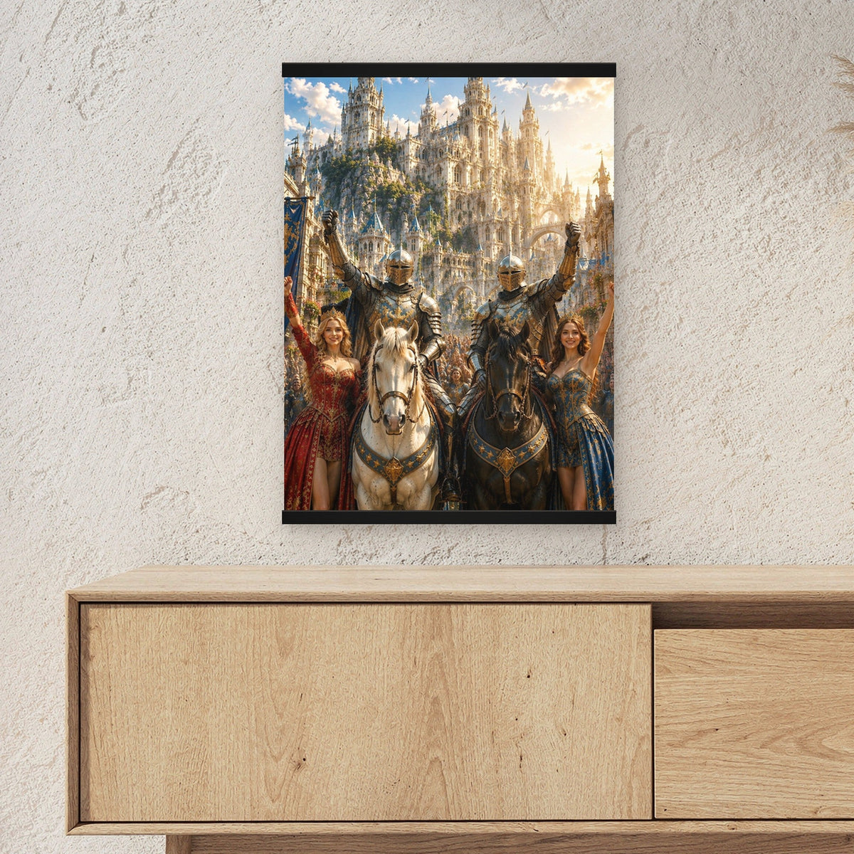 Der Tag des Sieges als Poster mit schwarzer Holzleiste ueber einem Sideboard, zeigt die Groesse im Raum