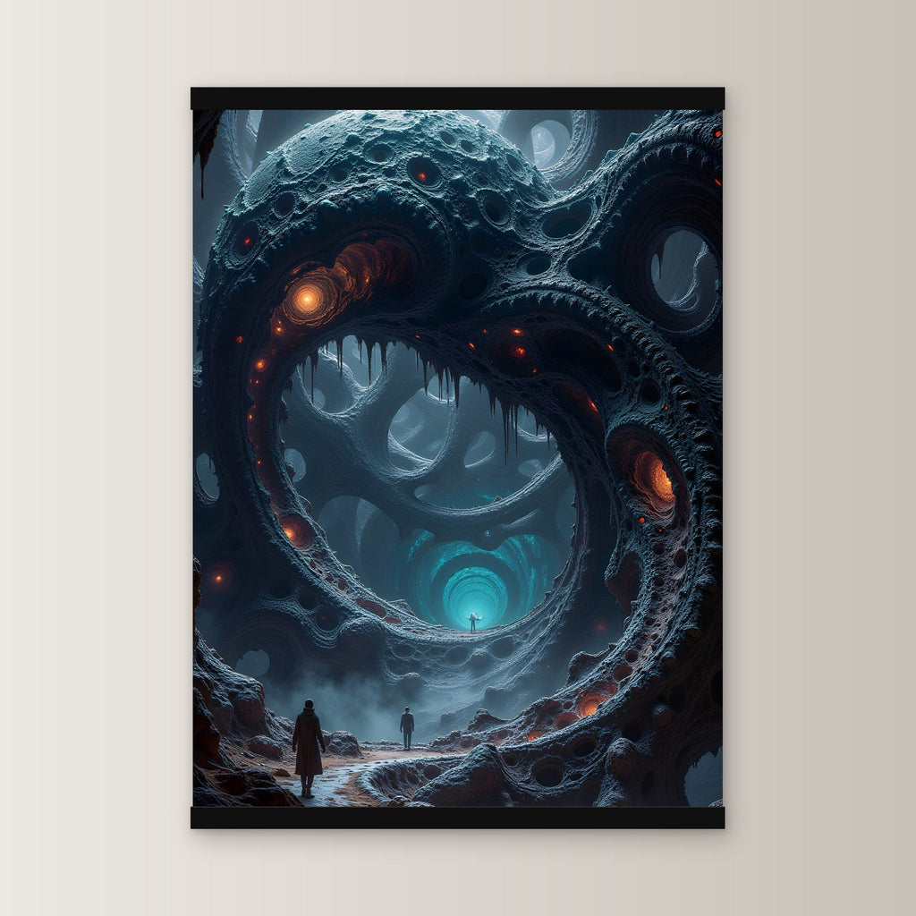 Das Tor der Tiefe als Poster mit schwarzer Holzleiste, gerade von vorn an heller Wand