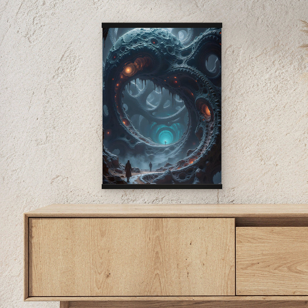 Das Tor der Tiefe als Poster mit schwarzer Holzleiste ueber einem Sideboard, zeigt die Groesse im Raum