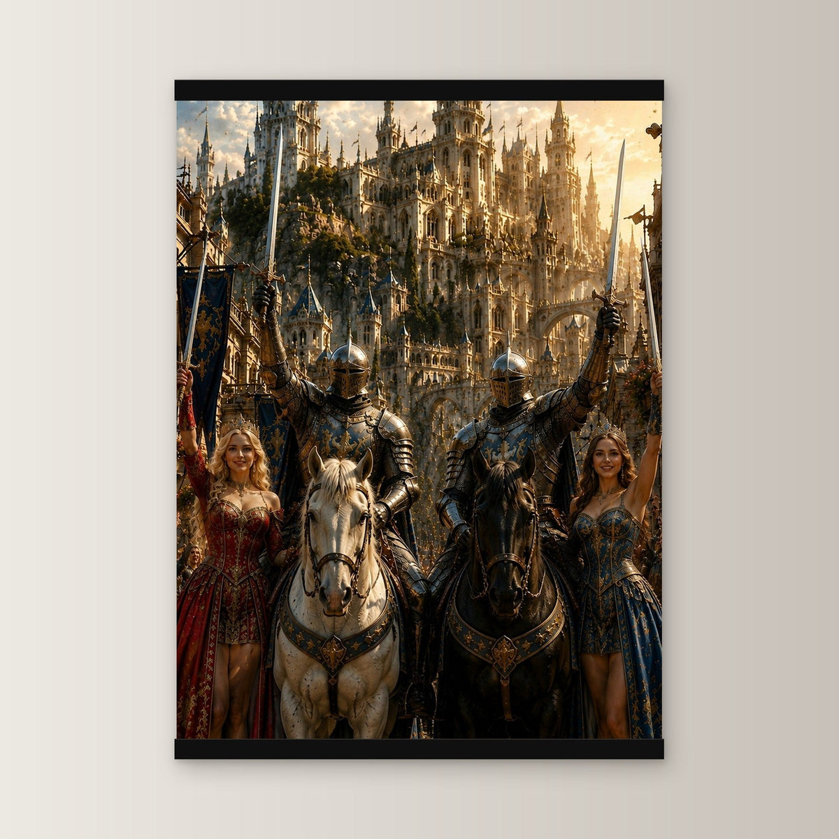 Der Triumphzug als Poster mit schwarzer Holzleiste, gerade von vorn an heller Wand