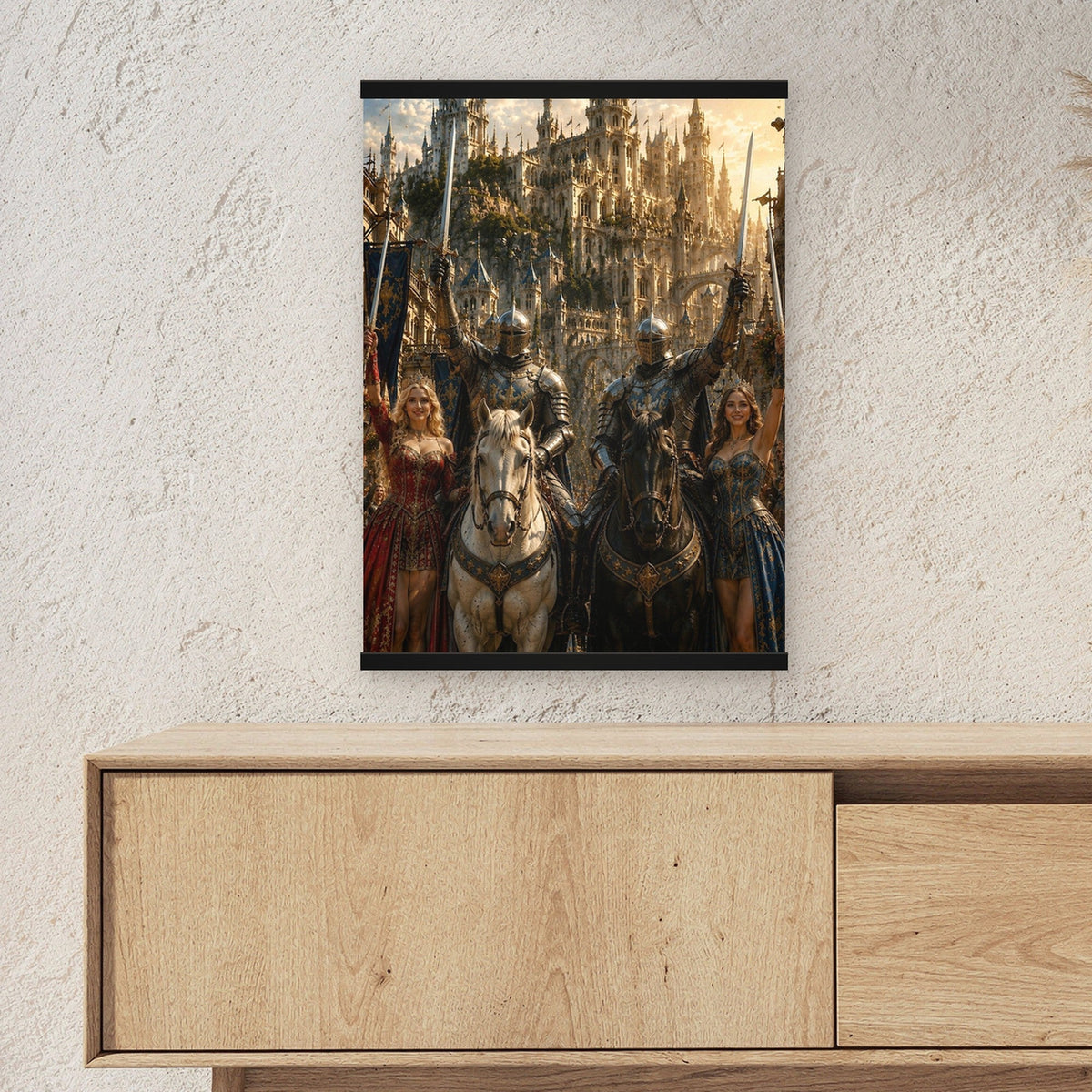 Der Triumphzug als Poster mit schwarzer Holzleiste ueber einem Sideboard, zeigt die Groesse im Raum