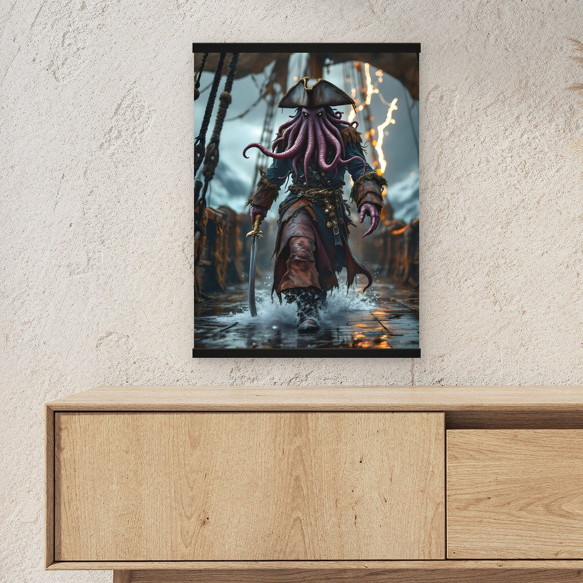 Der Tiefseekapitän als Poster mit schwarzer Holzleiste ueber einem Sideboard, zeigt die Groesse im Raum