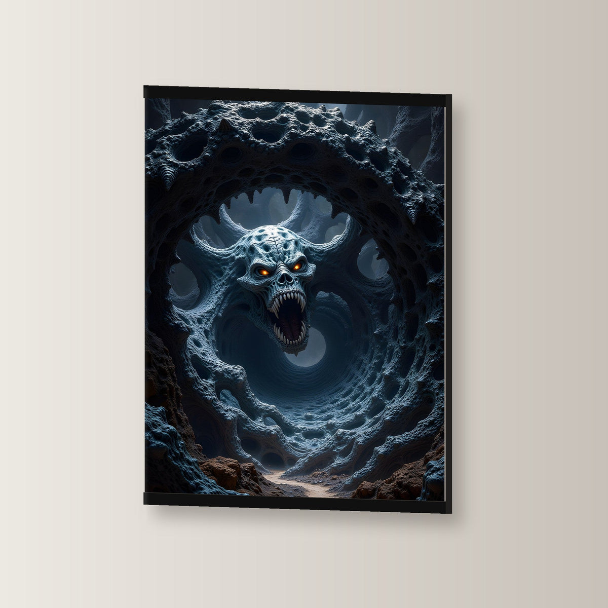 Das Totenmaul als Poster mit schwarzer Holzleiste, leicht gedreht an der Wand fotografiert