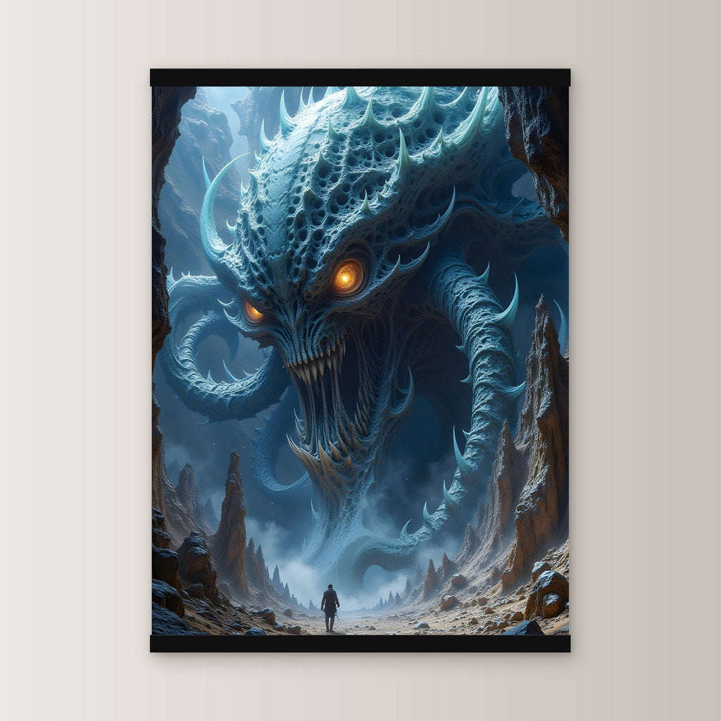 Der Tiefenwächter als Poster mit schwarzer Holzleiste, gerade von vorn an heller Wand