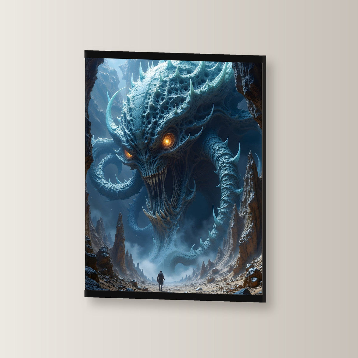 Der Tiefenwächter als Poster mit schwarzer Holzleiste, leicht gedreht an der Wand fotografiert