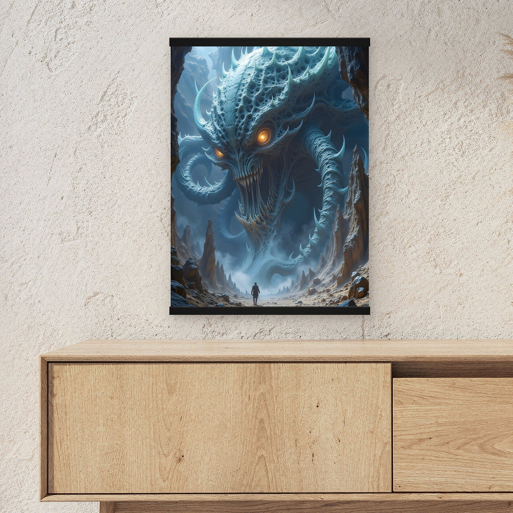 Der Tiefenwächter als Poster mit schwarzer Holzleiste ueber einem Sideboard, zeigt die Groesse im Raum