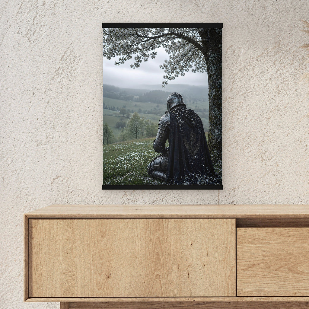 Unter dem Blütenbaum als Poster mit schwarzer Holzleiste ueber einem Sideboard, zeigt die Groesse im Raum