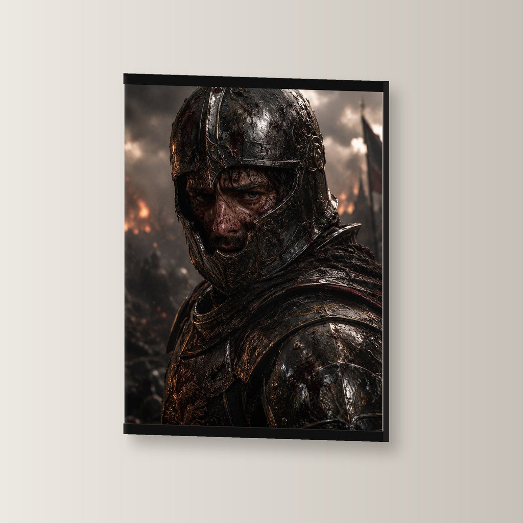 Der Überlebende als Poster mit schwarzer Holzleiste, leicht gedreht an der Wand fotografiert