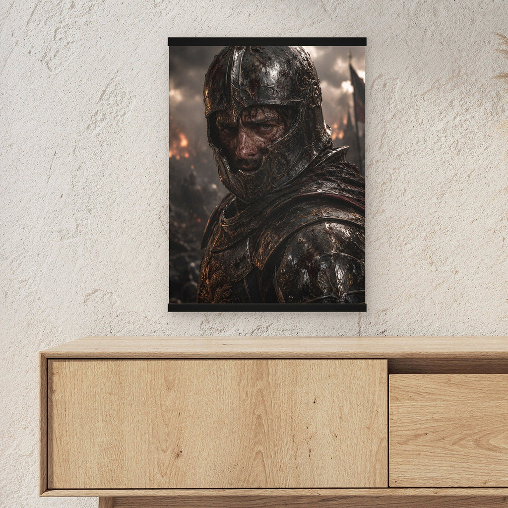 Der Überlebende als Poster mit schwarzer Holzleiste ueber einem Sideboard, zeigt die Groesse im Raum