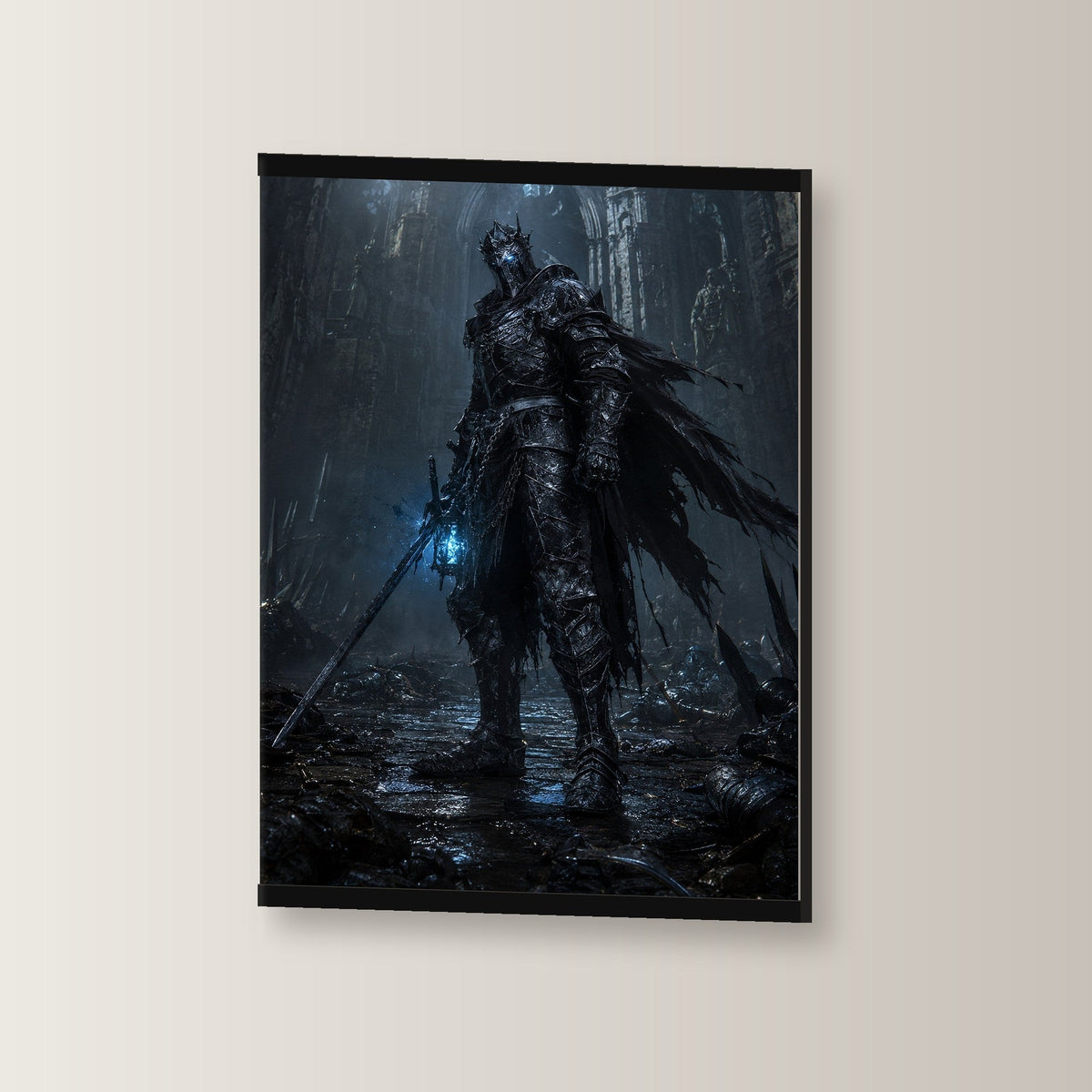 Der Untotenwächter als Poster mit schwarzer Holzleiste, leicht gedreht an der Wand fotografiert