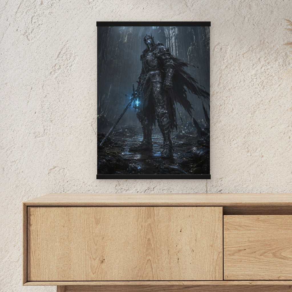 Der Untotenwächter als Poster mit schwarzer Holzleiste ueber einem Sideboard, zeigt die Groesse im Raum