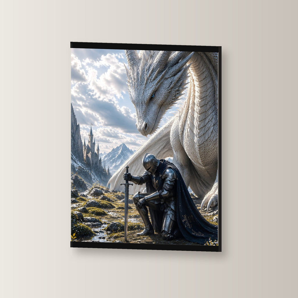Unter weißen Schwingen als Poster mit schwarzer Holzleiste, leicht gedreht an der Wand fotografiert