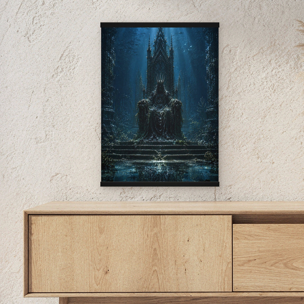 Das Verborgene Reich als Poster mit schwarzer Holzleiste ueber einem Sideboard, zeigt die Groesse im Raum