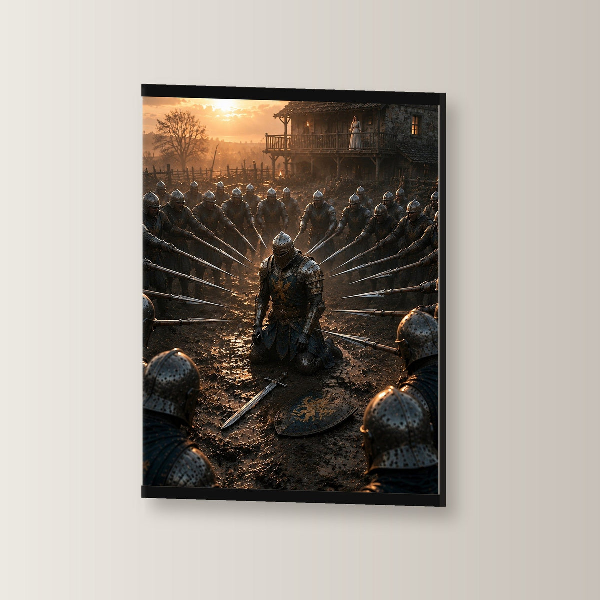 Vor ihren Augen als Poster mit schwarzer Holzleiste, leicht gedreht an der Wand fotografiert