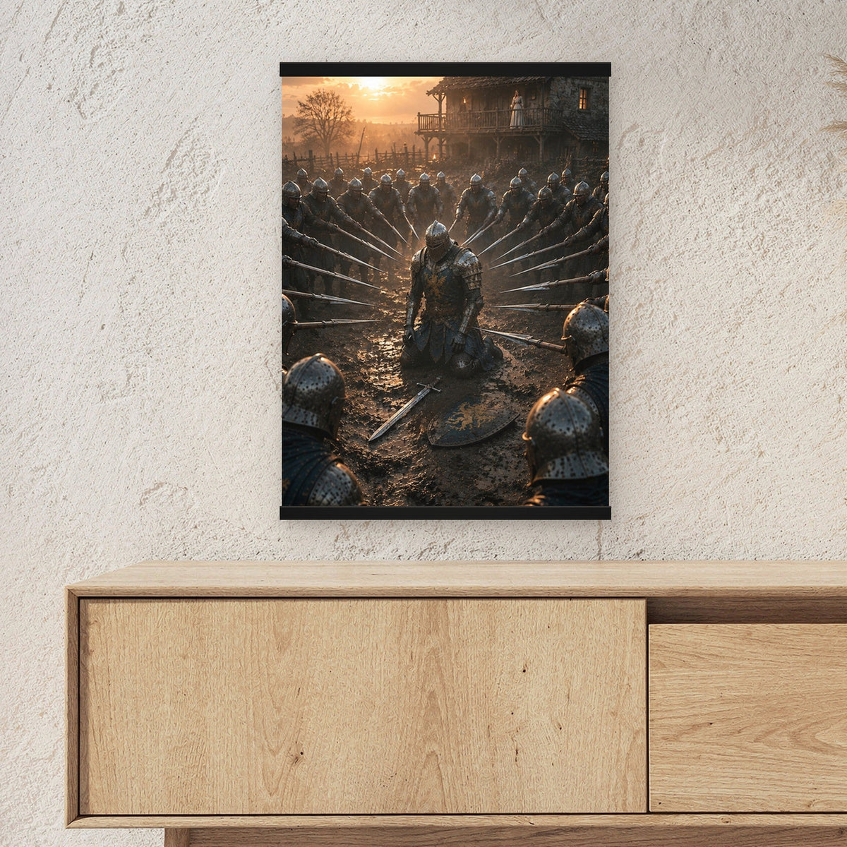 Vor ihren Augen als Poster mit schwarzer Holzleiste ueber einem Sideboard, zeigt die Groesse im Raum