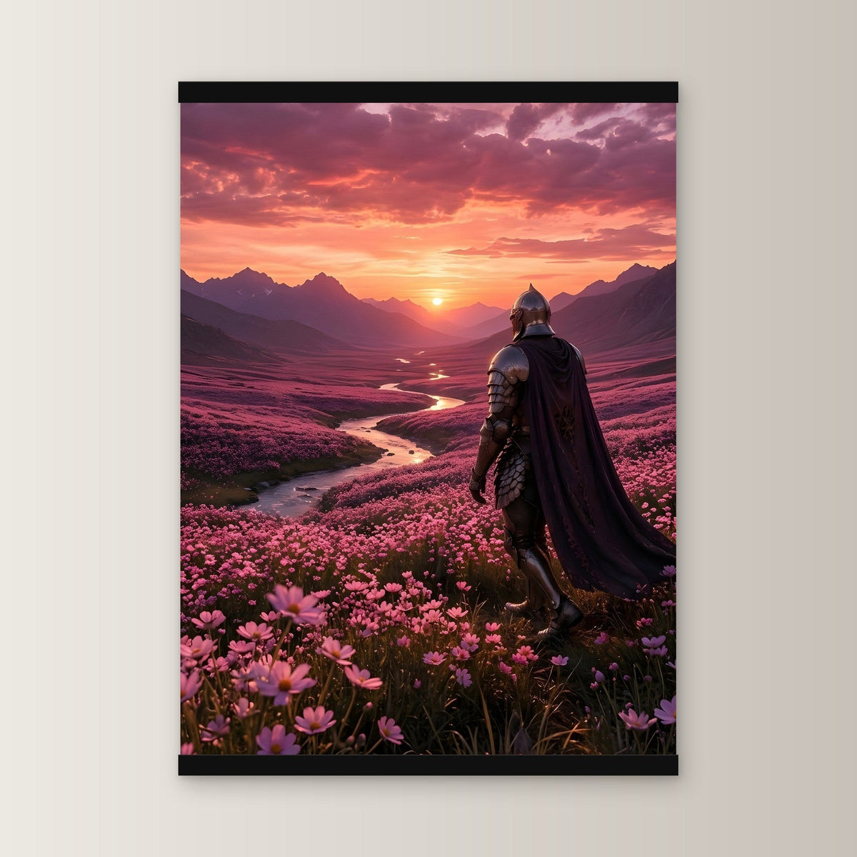 Der Weg ins Abendrot als Poster mit schwarzer Holzleiste, gerade von vorn an heller Wand