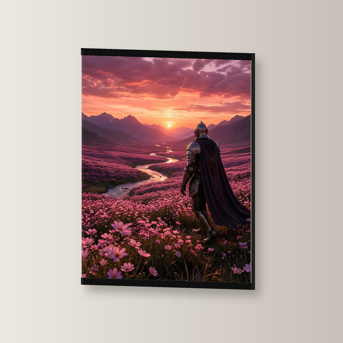 Der Weg ins Abendrot als Poster mit schwarzer Holzleiste, leicht gedreht an der Wand fotografiert