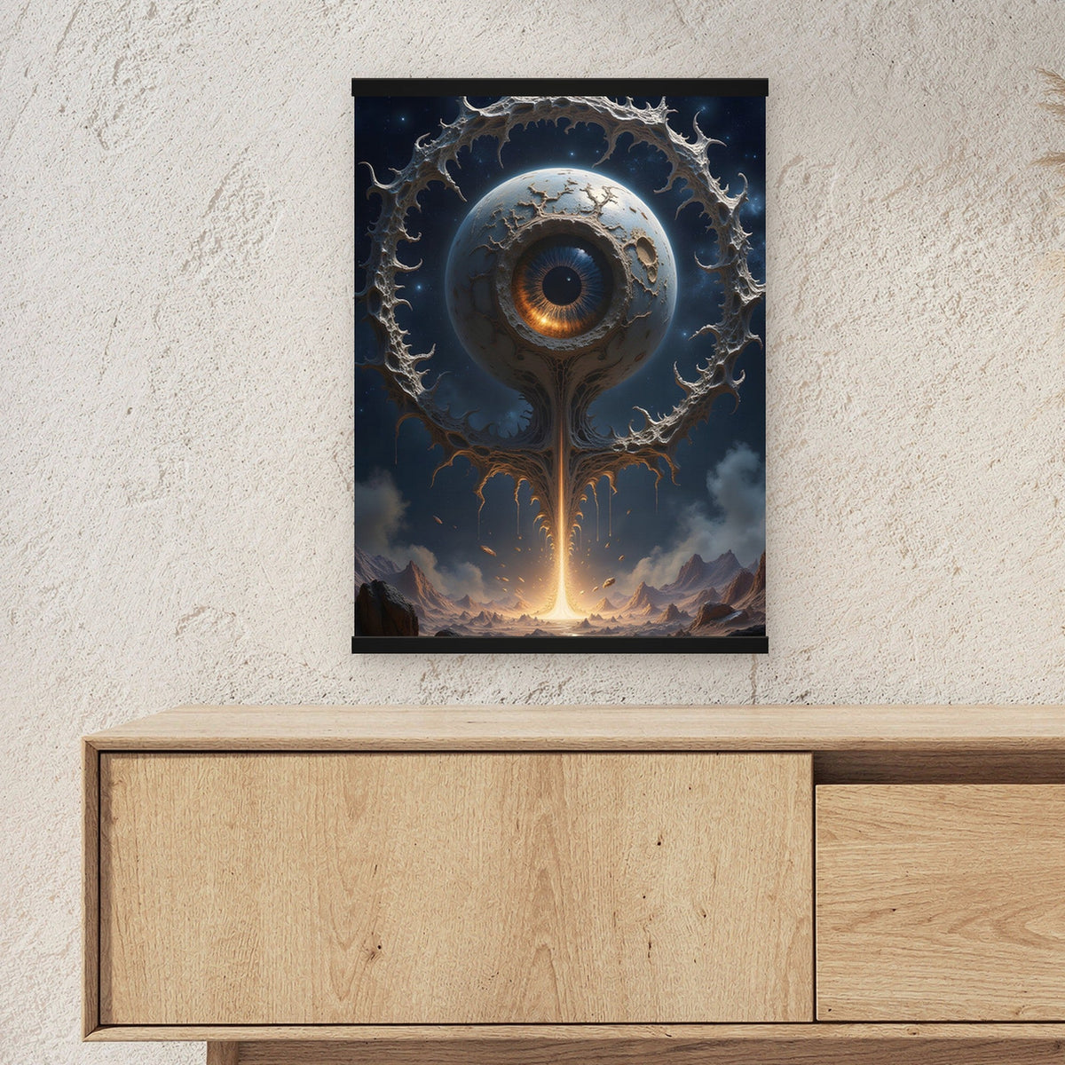 Das Wächterauge als Poster mit schwarzer Holzleiste ueber einem Sideboard, zeigt die Groesse im Raum
