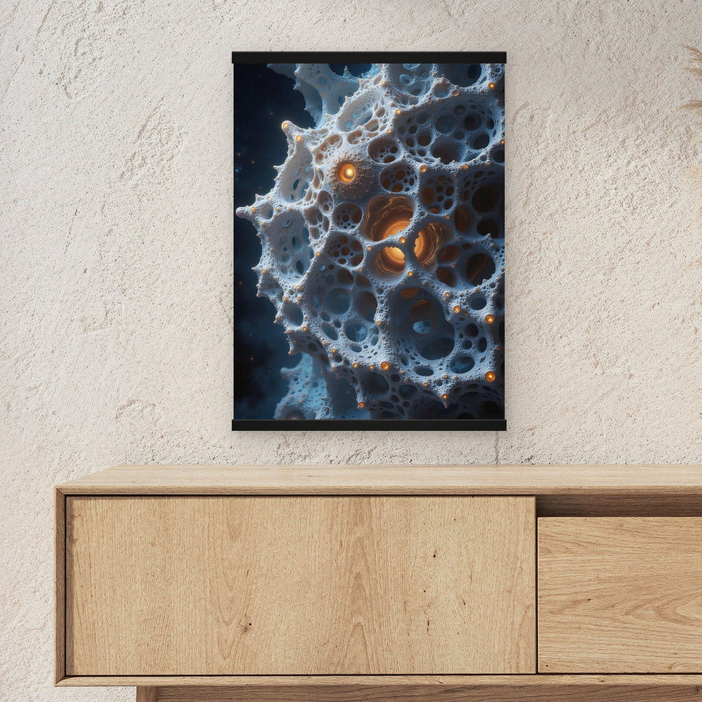 Der Wabenkern als Poster mit schwarzer Holzleiste ueber einem Sideboard, zeigt die Groesse im Raum