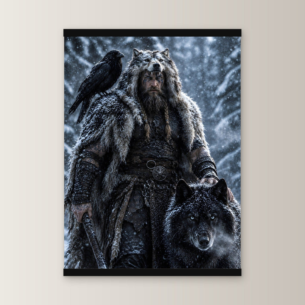Der Wolfsbruder als Poster mit schwarzer Holzleiste, gerade von vorn an heller Wand