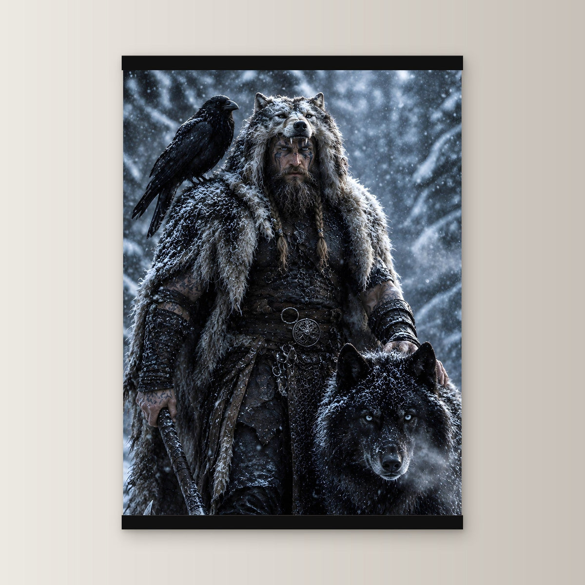 Der Wolfsbruder als Poster mit schwarzer Holzleiste, gerade von vorn an heller Wand