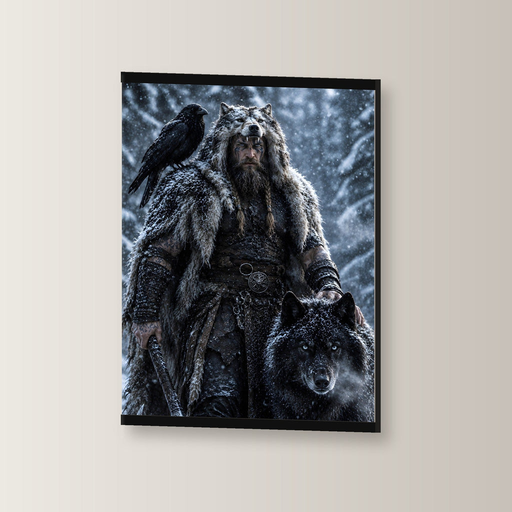 Der Wolfsbruder als Poster mit schwarzer Holzleiste, leicht gedreht an der Wand fotografiert