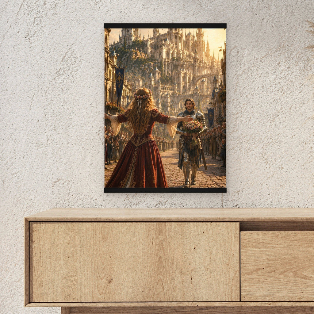 Das Wiedersehen als Poster mit schwarzer Holzleiste ueber einem Sideboard, zeigt die Groesse im Raum
