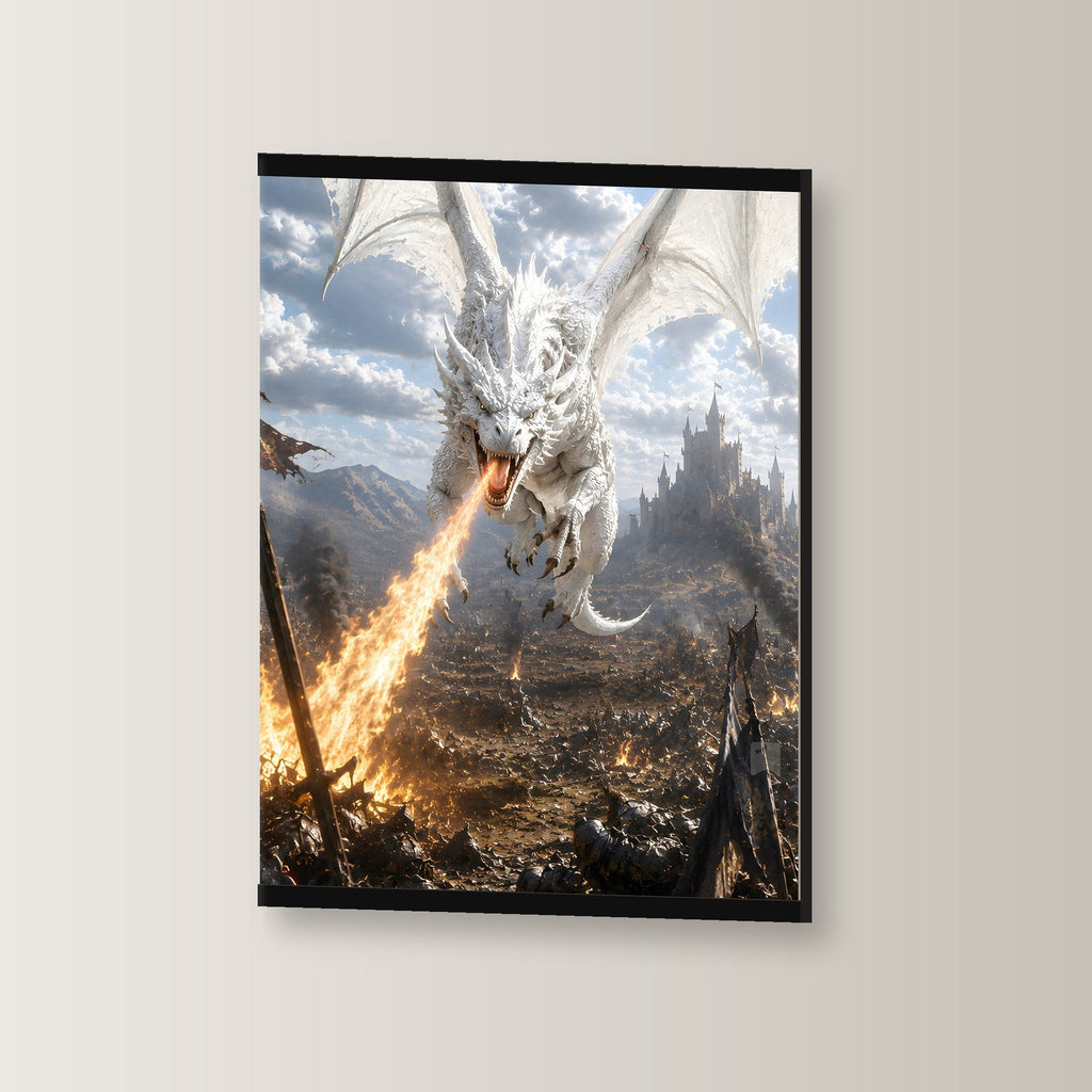 Weißglut als Poster mit schwarzer Holzleiste, leicht gedreht an der Wand fotografiert