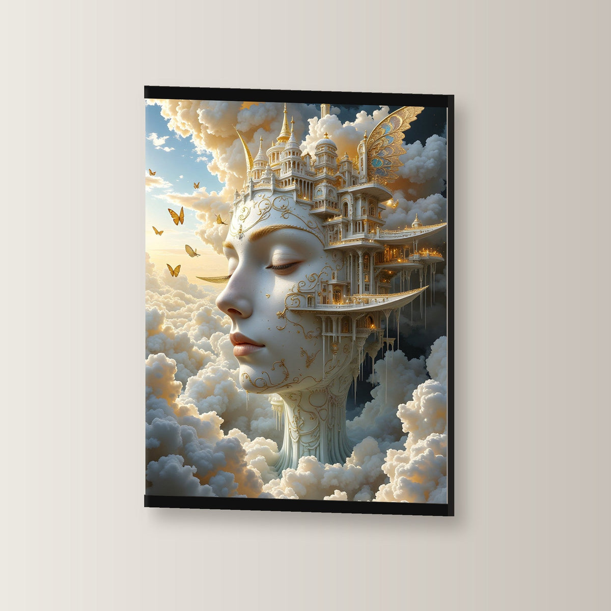 Die Wolkenstadt als Poster mit schwarzer Holzleiste, leicht gedreht an der Wand fotografiert