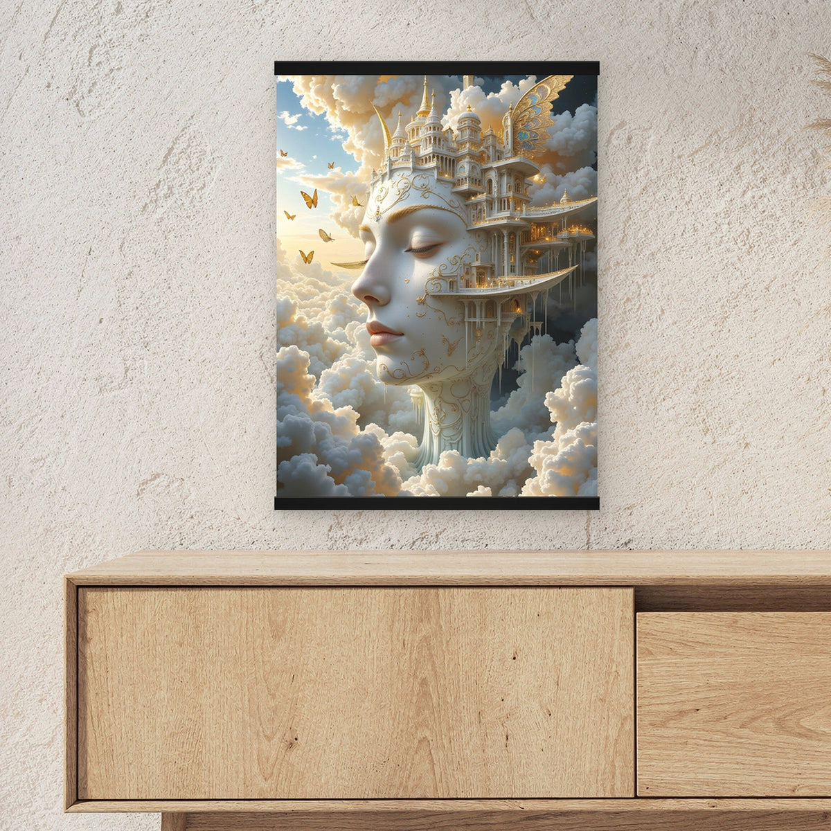 Die Wolkenstadt als Poster mit schwarzer Holzleiste ueber einem Sideboard, zeigt die Groesse im Raum