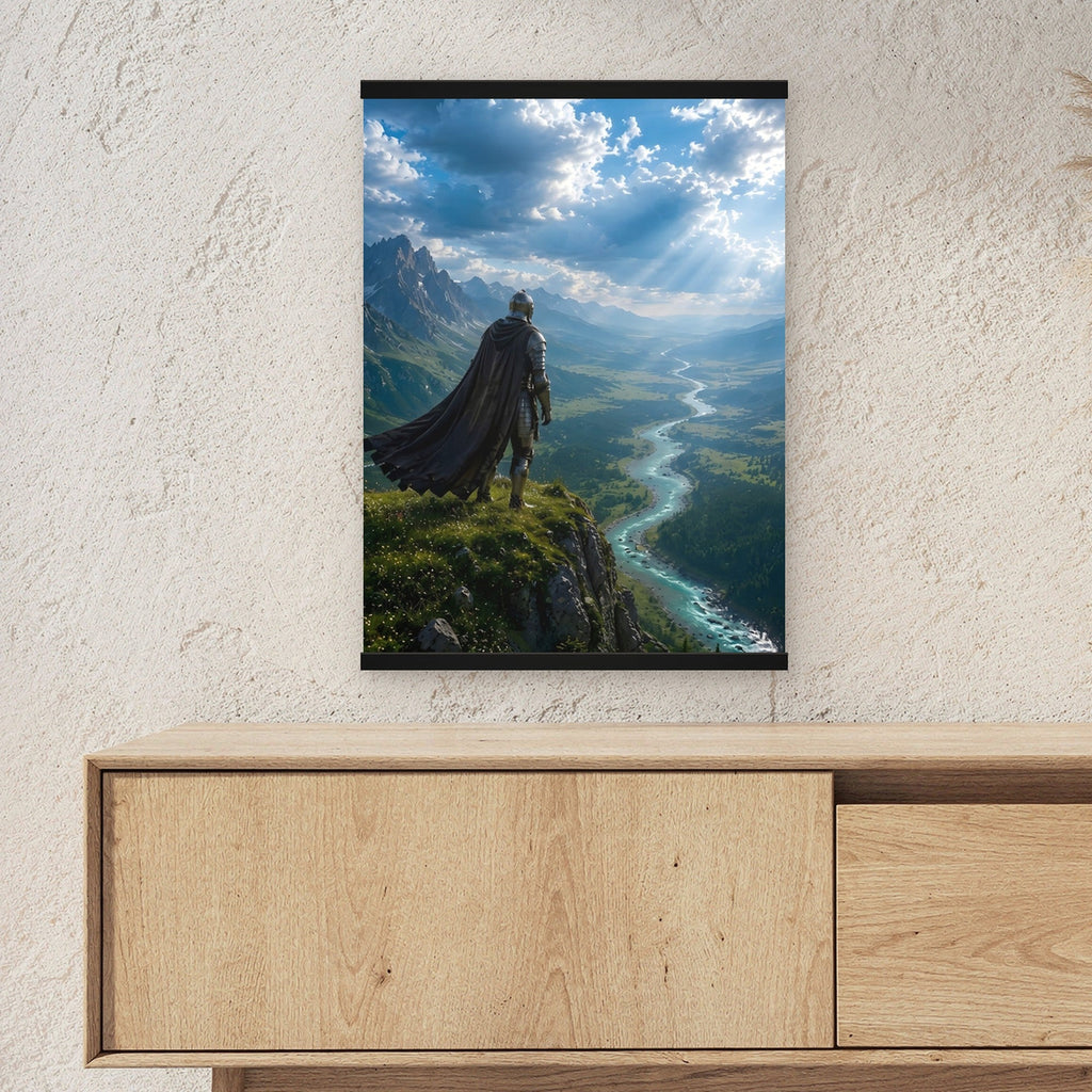 Das weite Land als Poster mit schwarzer Holzleiste ueber einem Sideboard, zeigt die Groesse im Raum