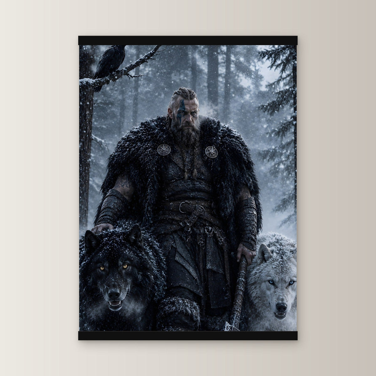 Die Wolfsmeute als Poster mit schwarzer Holzleiste, gerade von vorn an heller Wand